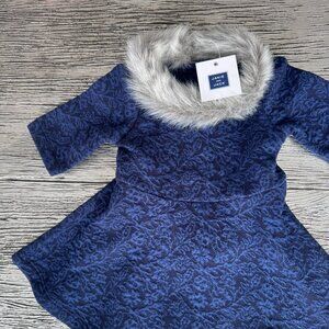 Janie and Jack Baby Girl Blue Dress with Faux Fur Collar – NEW with Tags